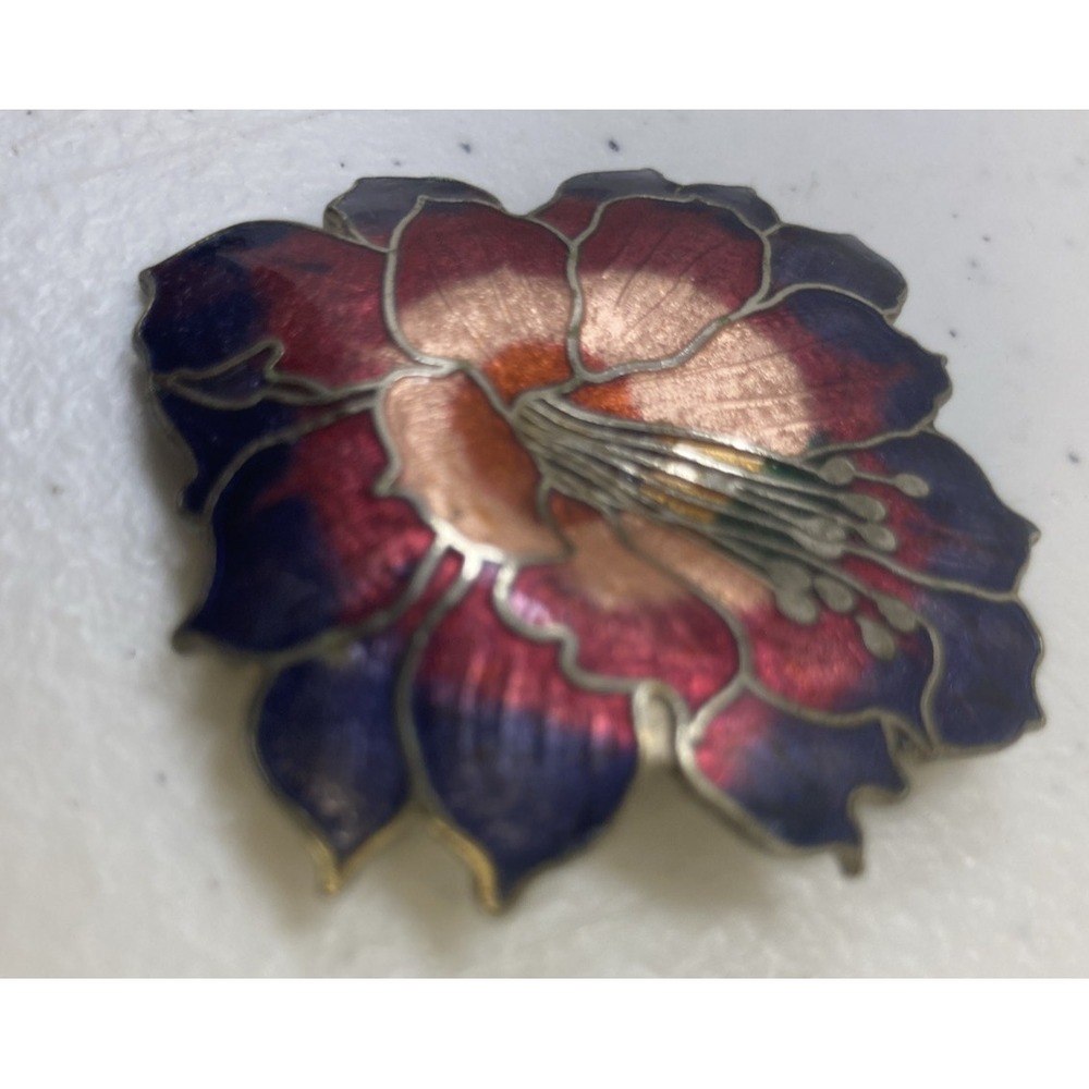 Vtg Silver Tone Purple Mauve Pink Cloisonne Enamel Hibiscus Flower Brooch Pin - Picture 2 of 7